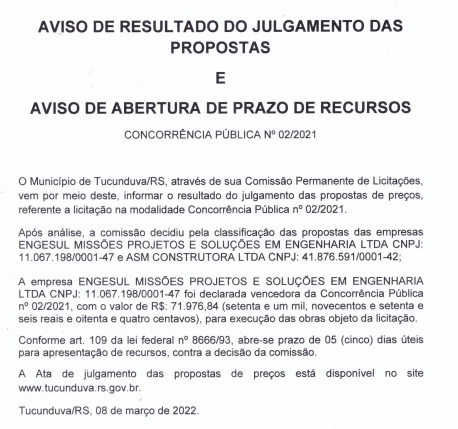 AVISO DE RESULTADO DO JULGAMENTO DAS PROPOSTAS e ABERTURA DE PRAZO RECURSAL - CONCORRÊNCIA Nº 02/2021